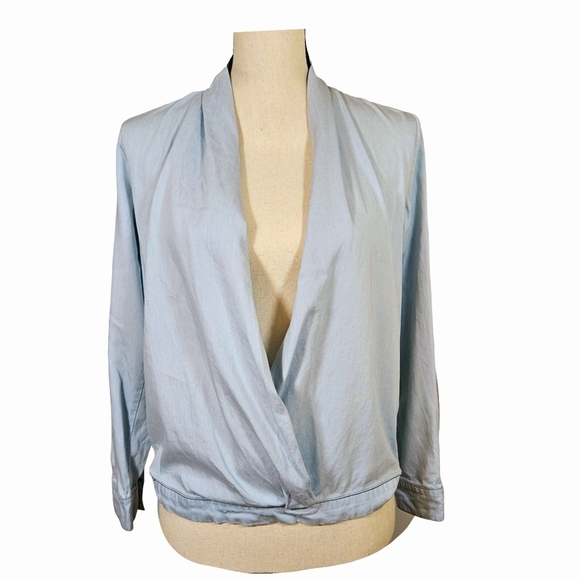 bp Tops - BP Wrap Front Long Sleeve Jean Blouse, XS